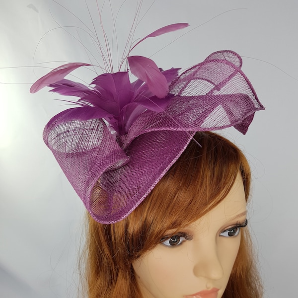 Plum Purple Leaf Sinamay Fascinator with Feather Flower - Hat Wedding Races