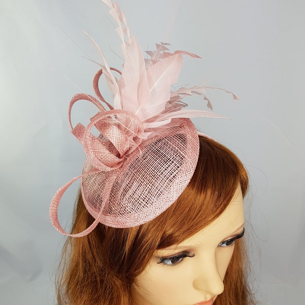 Blush Pink Sinamay Fascinator with Feathers - Special Occasion Wedding Races
