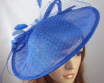 Royal Cobalt Blue Large Sinamay Saucer Fascinator and Net Detail - Wedding Races