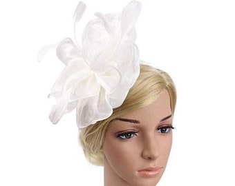 Ivory Cream Sheer Satin Ruffle & Feather Fascinator - Occasion Wedding Races