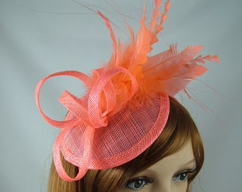 Coral Pink Sinamay Fascinator with Feathers - Special Occasion Wedding Races