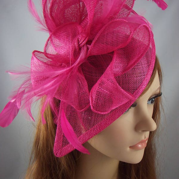 Fuchsia Pink Teardrop Sinamay Fascinator with Feathers - Wedding Races Special Occasion Hat