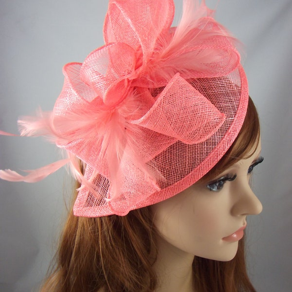 Coral Pink Teardrop Sinamay Fascinator with Feathers - Wedding Races Special Occasion Hat