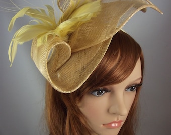 Champagne Gold Leaf Sinamay Fascinator with Feather Flower - Hat Wedding Races