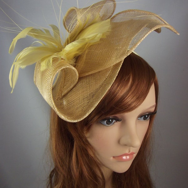 Champagne Gold Leaf Sinamay Fascinator with Feather Flower - Hat Wedding Races