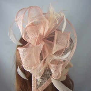 Nude Pink Teardrop Sinamay Fascinator with Feathers Wedding Races Special Occasion Hat image 3