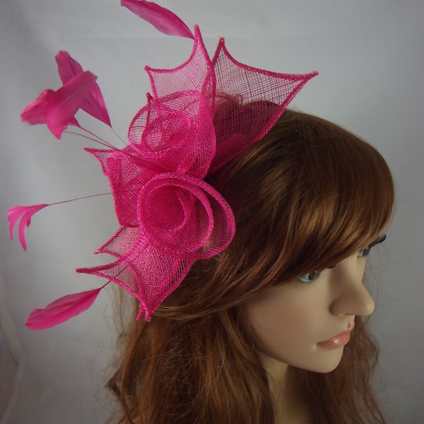 Fuchsia Pink Rose Comb Fascinator with Feathers - Occasion Wedding Races