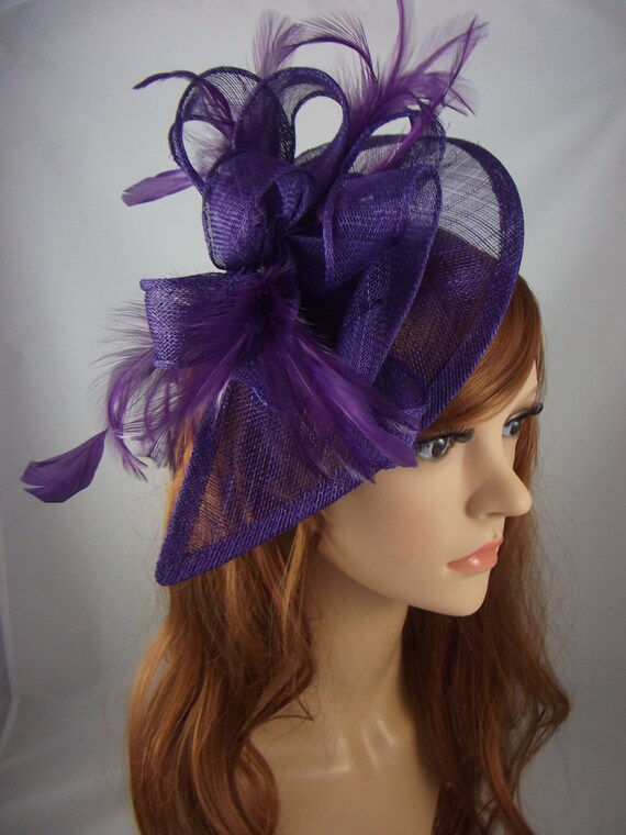 Purple Teardrop Sinamay Fascinator With Feathers Wedding Races