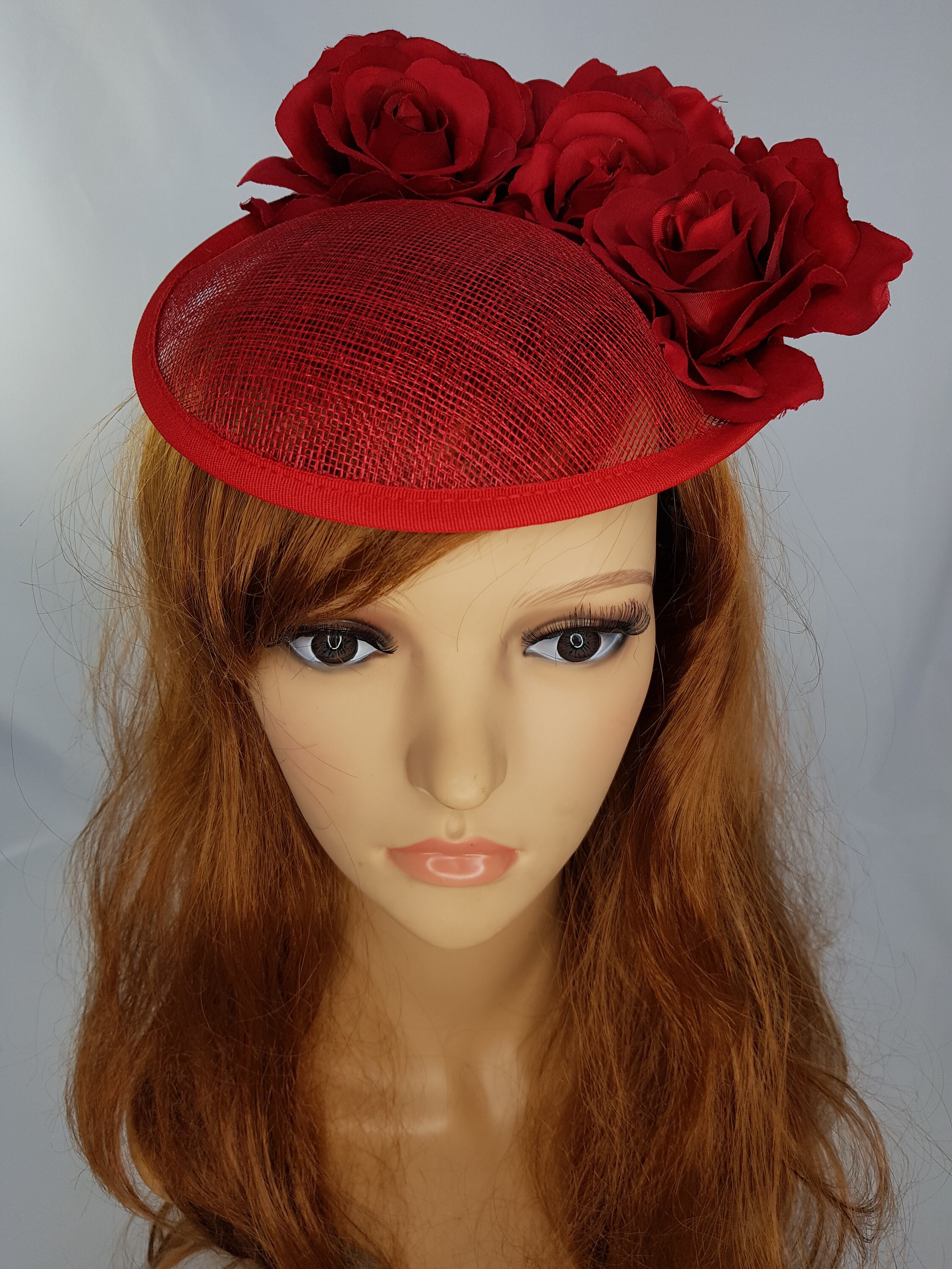 Red Sinamay Disc Facinator Hat With Faux Roses - Occasion Wedding Races