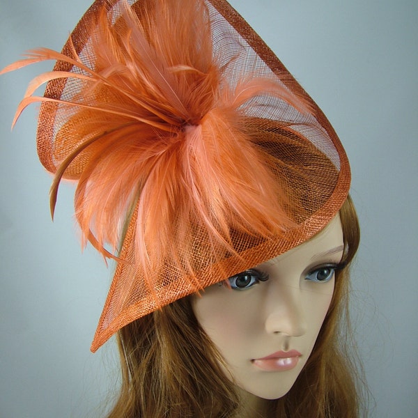 Rusty Orange Sinamay & Feathers Twist Fascinator - Hat Occasion Wedding Races