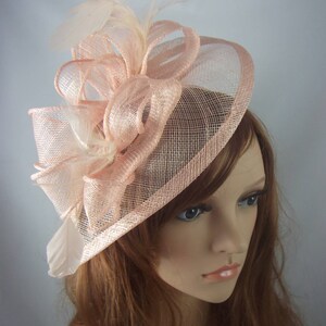 Nude Pink Teardrop Sinamay Fascinator with Feathers Wedding Races Special Occasion Hat image 1