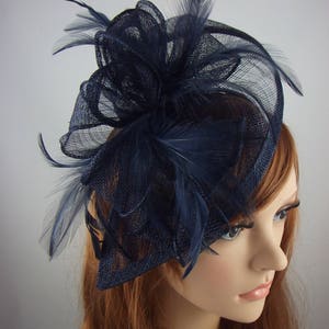 Navy Blue Teardrop Sinamay Fascinator with Feathers - Wedding Races Special Occasion Hat