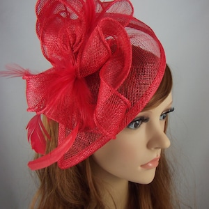 Red Teardrop Sinamay Fascinator with Feathers - Wedding Races Special Occasion Hat