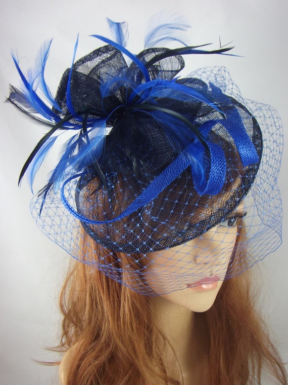 Navy & Royal Blue Sinamay Fascinator With Birdcage Veil  display picture 3