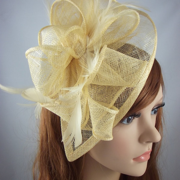 Pale Gold Teardrop Sinamay Fascinator with Feathers - Wedding Races Special Occasion Hat