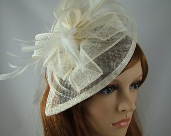 Ivory Cream Teardrop Sinamay Fascinator with Feathers