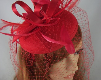 Red Felt Hat Fascinator With Satin Loop & Birdcage Veil - Wedding Races