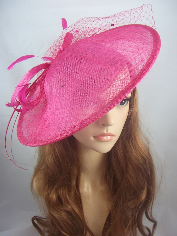 Fuchsia Hot Pink Large Sinamay Saucer Fascinator and Net Detail - Wedding Races