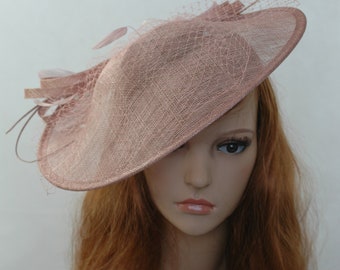 Heather Blush Pink Large Sinamay Saucer Fascinator and Net Detail - Wedding Races