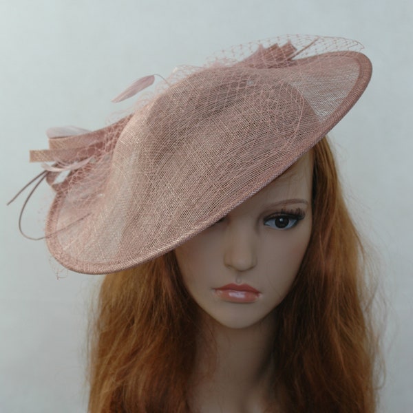 Heather Blush Pink Large Sinamay Saucer Fascinator and Net Detail - Wedding Races