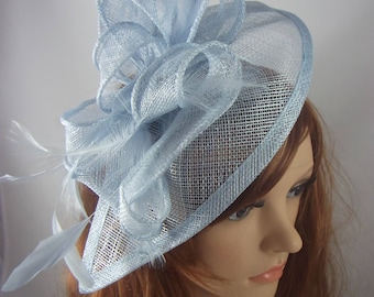 Pale Baby Blue Teardrop Sinamay Fascinator with Feathers - Wedding Races Special Occasion Hat