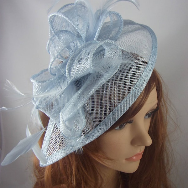 Pale Baby Blue Teardrop Sinamay Fascinator with Feathers - Wedding Races Special Occasion Hat