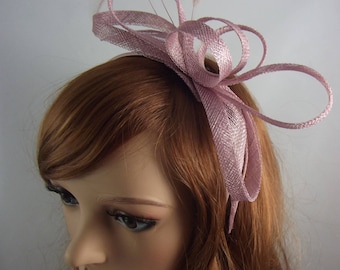 Heather Blush Pink Sinamay Loop & Leaf Fascinator with Feathers - Occasion Wedding Races