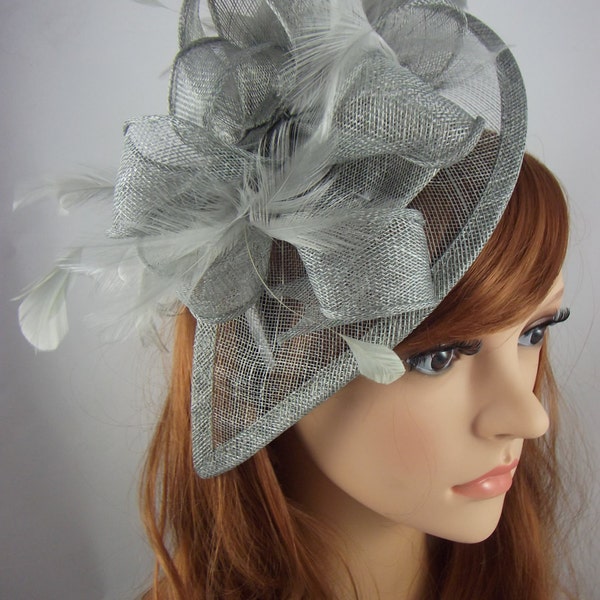 Silver Grey Teardrop Sinamay Fascinator with Feathers - Wedding Races Special Occasion Hat