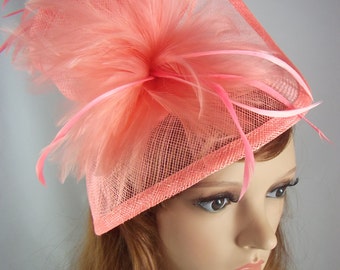 Coral Pink Sinamay & Feathers Twist Fascinator - Hat Occasion Wedding Races