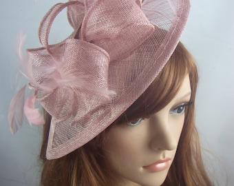 Heather Blush Pink Teardrop Sinamay Fascinator with Feathers - Wedding Races Special Occasion Hat