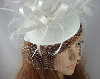 Ivory Cream Felt Hat Fascinator With Satin Loop & Birdcage Veil - Wedding Races