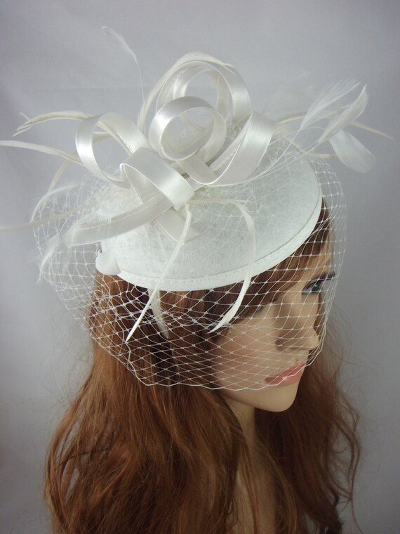 White fascinator hat with organza and satin detailing Women Organza Church Derby Hat Wide Brim Sun Hats for  main image 2