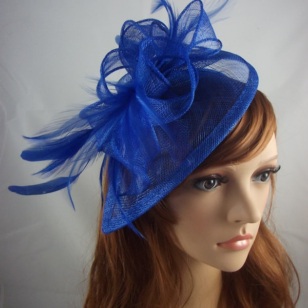 Royal Blue Teardrop Sinamay Fascinator with Feathers - Wedding Races Special Occasion Hat