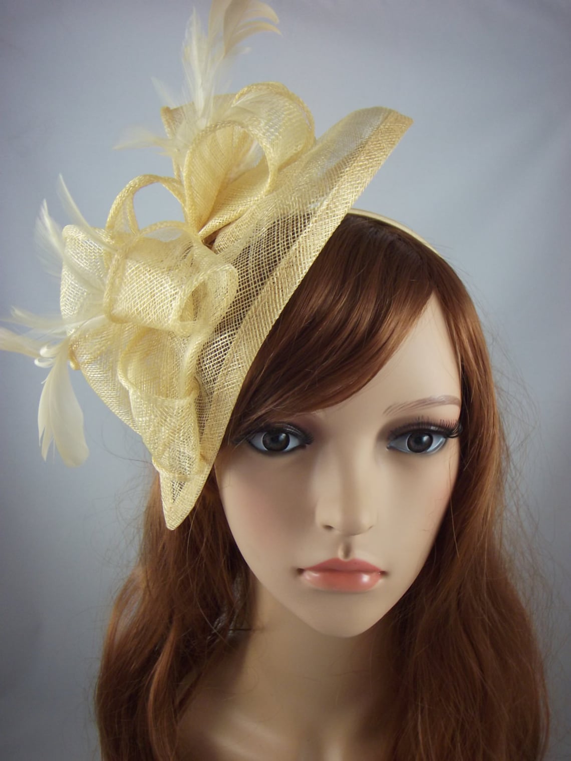 Pale Gold Teardrop Sinamay Fascinator With Feathers Wedding Etsy