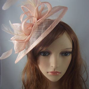 Nude Pink Teardrop Sinamay Fascinator with Feathers Wedding Races Special Occasion Hat image 2