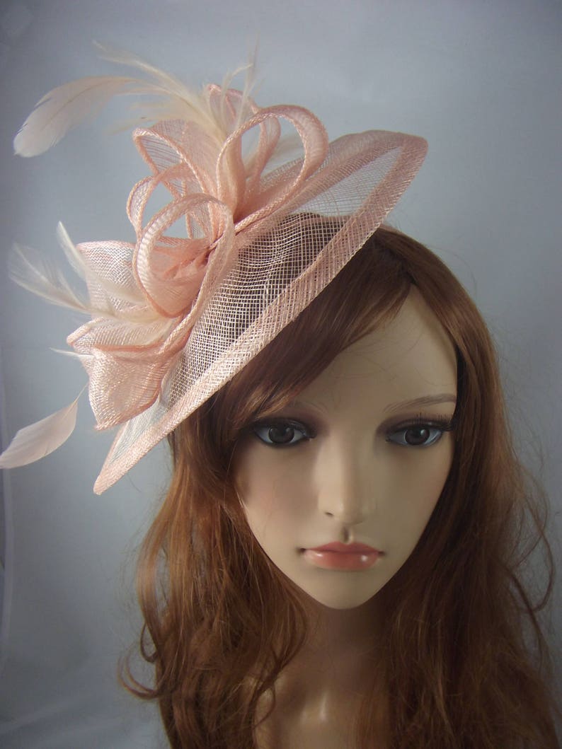 Nude Pink Teardrop Sinamay Fascinator with Feathers Wedding Races Special Occasion Hat image 2