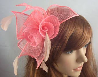 Coral Pink Rose Comb Fascinator with Feathers - Occasion Wedding Races