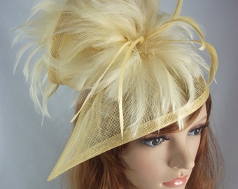 Champagne Gold Sinamay & Feathers Twist Fascinator - Hat Occasion Wedding Races