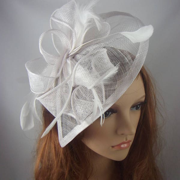 White Teardrop Sinamay Fascinator with Feathers - Wedding Races Special Occasion Hat