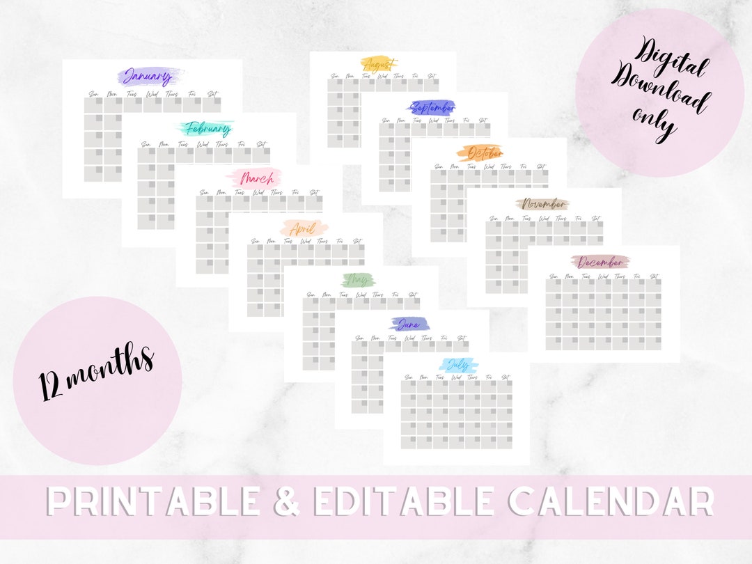 12 Month Calendar Printable, Editable Calendar, Cute Printable and ...