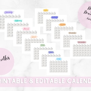 May include: Printable and editable calendar with 12 months, each month has a watercolour-style coloured stripe at the top. The months are January, February, March, April, May, June, July, August, September, October, November, and December.