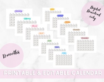 12 month Calendar Printable, Editable calendar, Cute Printable and Editable Calendar, Dateless Calendar, Twelve month printable Calendar