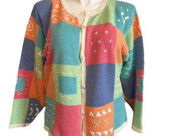 VTG Mandal Bay Patchwork Chunky Knit Cardigan Women's XXL Embroidered Whimsical