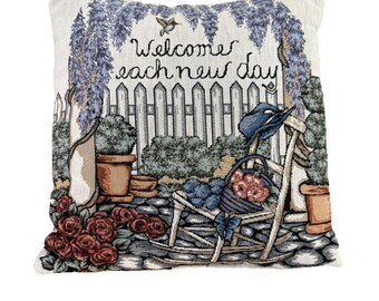 Cojín tapiz con diseño de jardín rústico: ¡Bienvenido cada nuevo día! Regalo de primavera para jardineros.