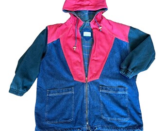 Vintage Mens 3XL Colorblock Denim Heavy Coat 90s Hood Zip Flannel Lined Gorpcore
