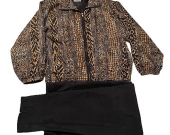 Chándal vintage Y2K Ac-tiv-ology, 100 % seda, estampado animal, cortavientos Old Money