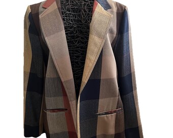 VTG Patchwork Wool Blazer Jacket Sz 14 Color Block English Country Heritage Prep