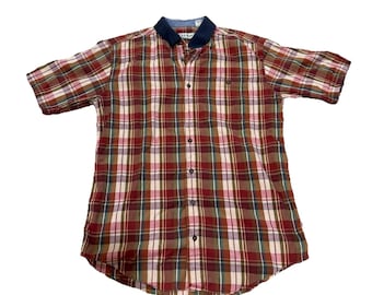 VTG LL Bean Plaid Button Up Short Sleeve Contrast Navy Collar M Tall Pocket