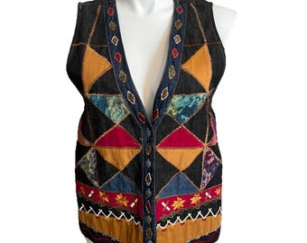 VTG Carole Little Denim Embroidered Patchwork Vest L  Festival Cottagecore Boho