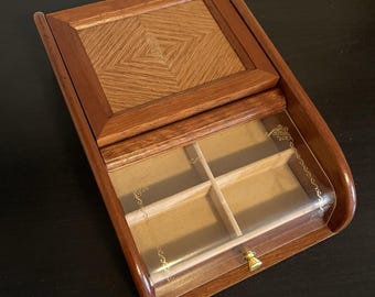 MCM London Leather Wooden Jewelry Box Valet Inlaid Divided Storage Case Vintage